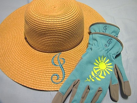 Monogrammed Summer Wide Brimmed Hat and Women’s Gardening Gloves